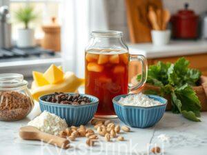 kvass on the kitchen table with ingredientsфото